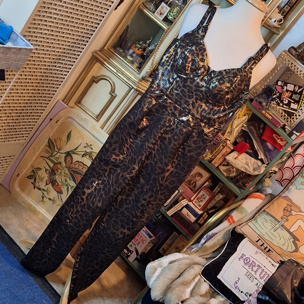 Leopard Print Shiny Bodycon Jumpsuit NWT Small